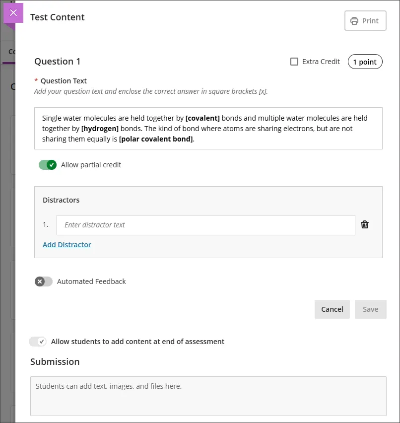 Creating a jumbled image question in a Blackboard test. The question text contains words in square brackets and appear in bold. These are the "jumbled" words. The toggle for Allow partial credit is on. There is an option to add Distractors but none have been added.