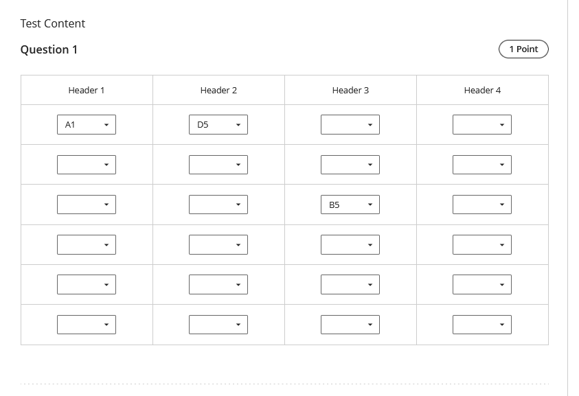 You can use jumbled question type in a table. This is the student view of a question formatted in a table. Each cell of the table has a dropdown option for the student to answer.