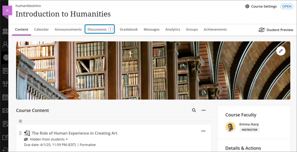 A Blackboard Ultra course. Next to the Discussions tab is a purple number one in a purple circle to indicate discussion activity.