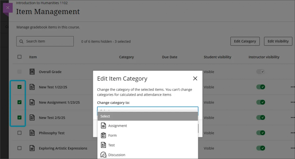 Screenshot of the Item Management page. Three items are selected and the user has selected "Edit Category". There is a drop down menu to select a different category to change to.