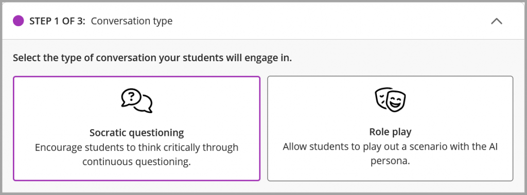 Screenshot of Blackboard Ultra showing AI Conversations showing step 1: conversation type