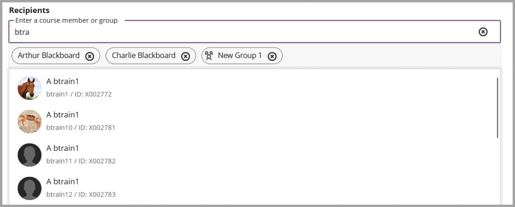 Screenshot of Message Recipient list showing search of "btra" with results.