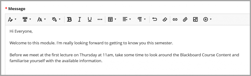 Screenshot of text editor within messages containing a short message to students.