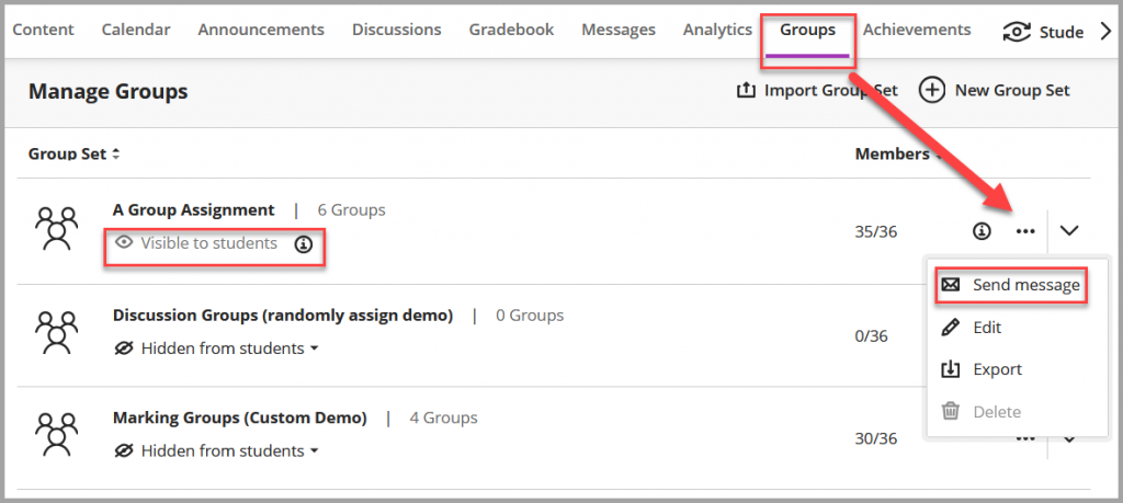 Screenshot of Groups area of Blackboard course with Groups tab highlighted and arrow pointing to more options (...) which can be select to show Send Message.
