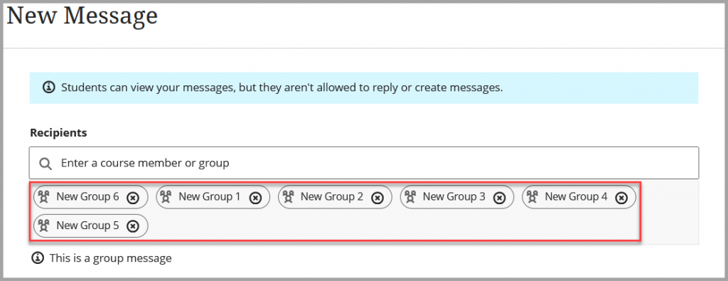 Screenshot of recipient list created Send Message is selected for a Group Set