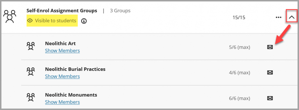 Screenshot of expanded Group set with envelope icon indicated to show how to select message individual group.