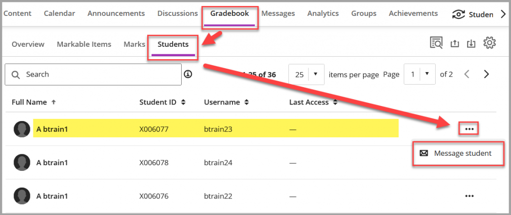 Screenshot of Gradebook, showing student tab and indicating more options to select for individual student messaging.