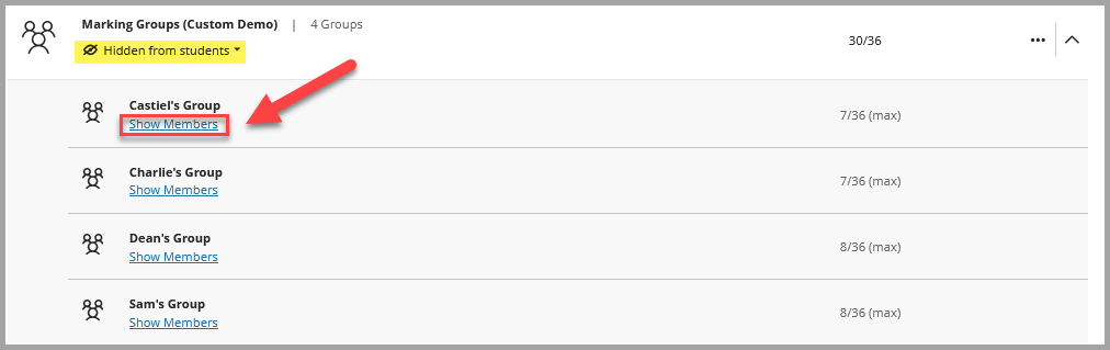 Screenshot showing a hidden group in Blackboard Ultra with the group set expanded to show the groups. Show Members button is highlighted.