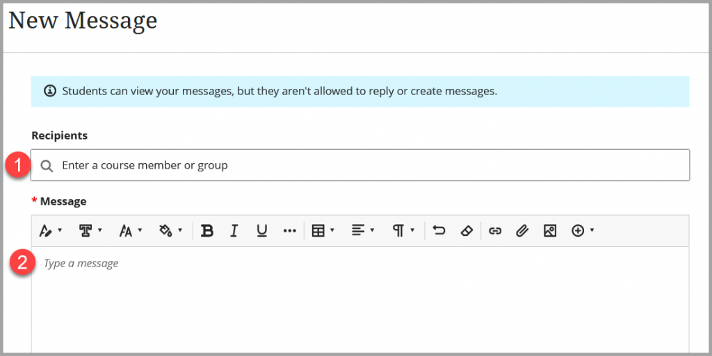 Screenshot of New Message view with 1 marking recipient list and 2 marking where the message is written.
