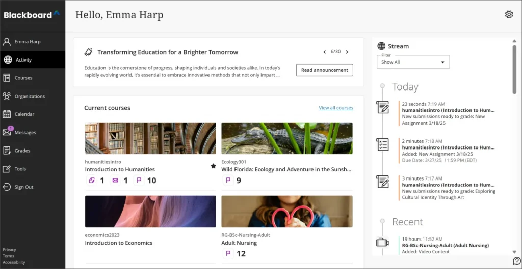 Screenshot of the new instructor activity page for Emma Harp. On the Activity page, Emma can see an announcement titled "Transforming Education for a Brighter future". Below this, she can see 4 courses with a few notification flags. On the right, there is a panel containing the familiar activity "stream".