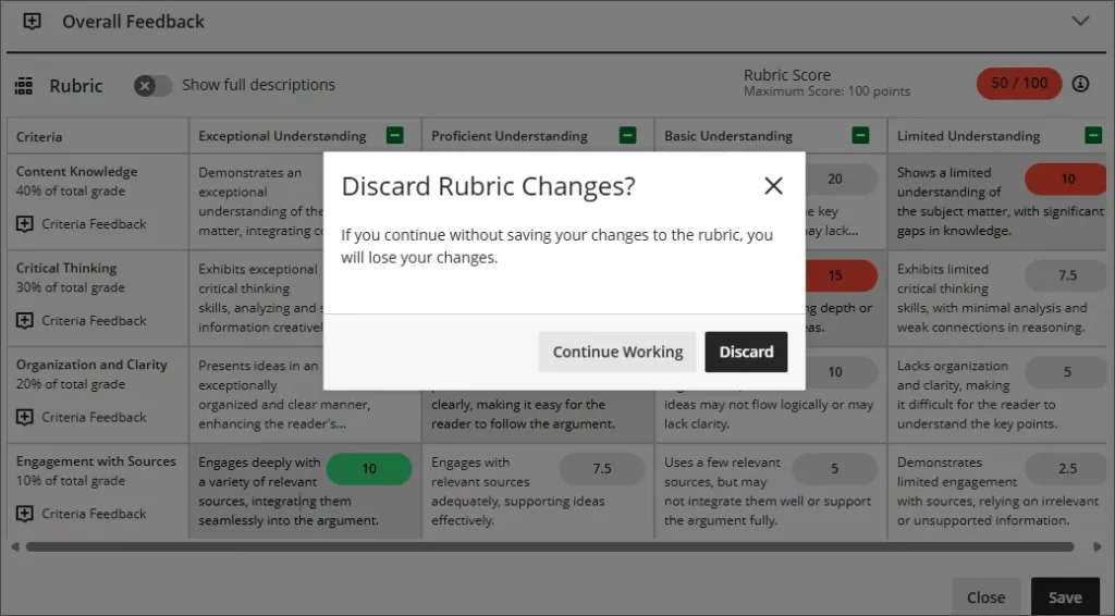 Screenshot of a rubric that someone is trying to close. A pop-up asks "Discard Rubric Changes? If you continue without saving your changes to the rubric, you will lose your changes" The option buttons provided are "Continue working" and "Discard".