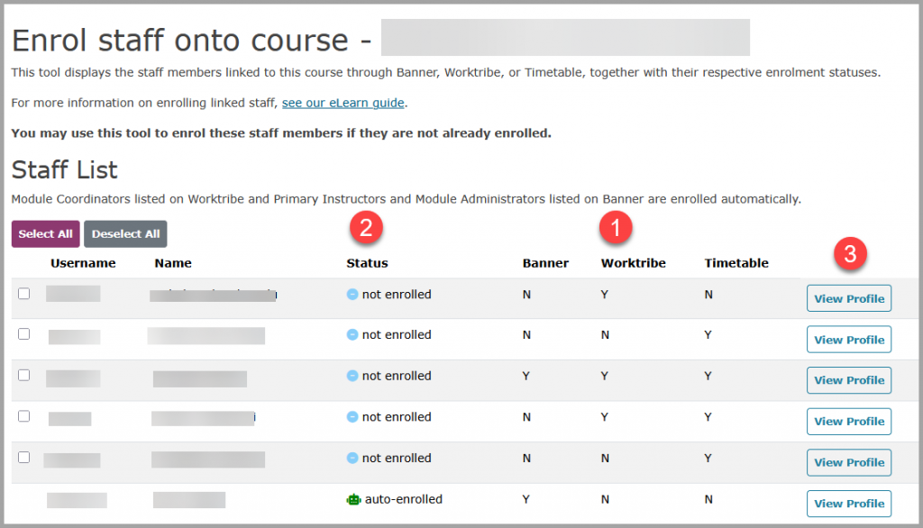 Screenshot of enrol linked staff tool dashboard