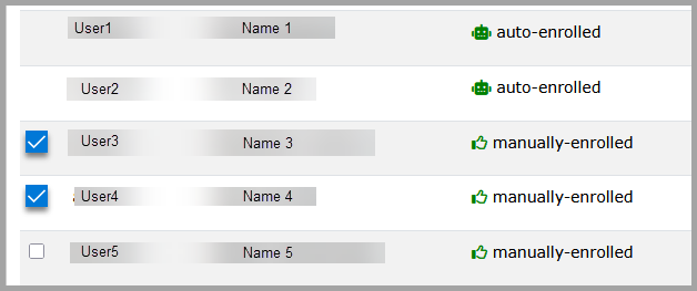 Screenshot of enrol linked staff dashboard showing auto and manually enrolled staff
