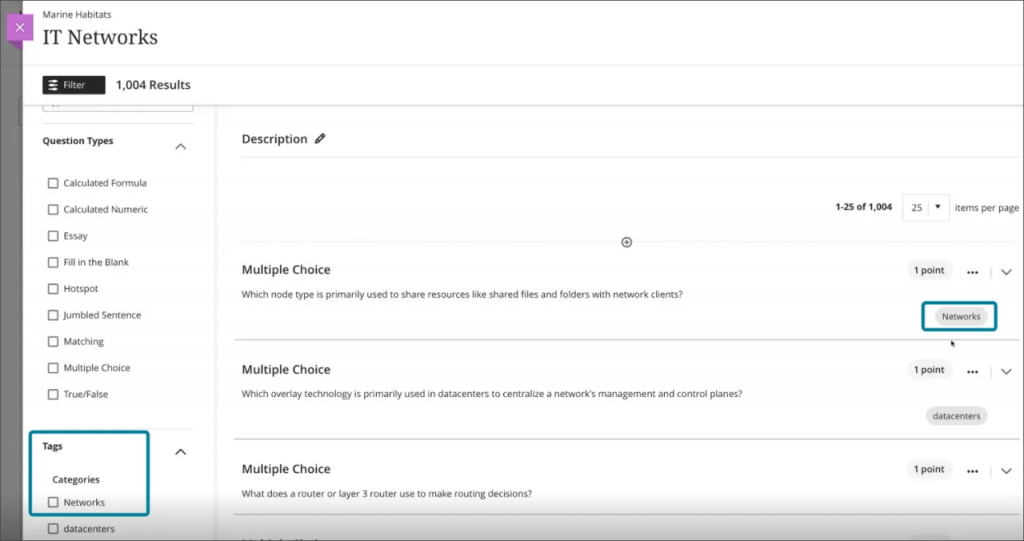 Screenshot of Blackboard ultra question pool. Questions show with tags visible in a grey pill on the right-hand side. On the left-hand menu, you can select tag categories for filtering search results.