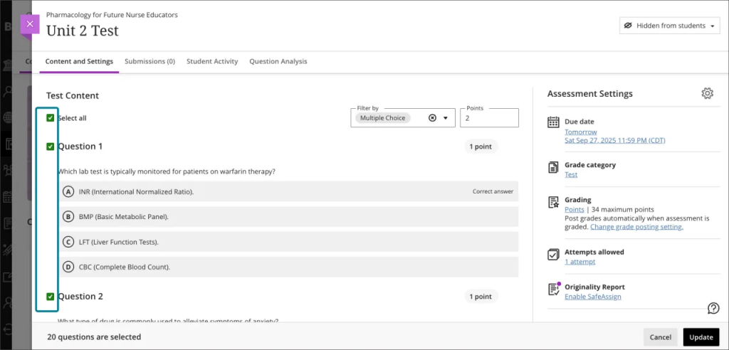 Screenshot of a user editing test points. They have used radio buttons to select the test questions on the left-hand side. 