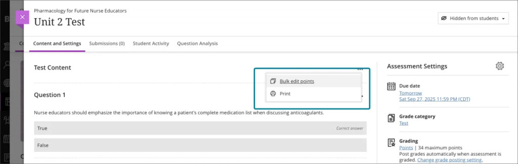 Screenshot of a Blackboard test. User is selecting "Bulk edit points" from the more options menu to the right of the test content.