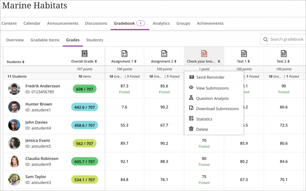 Screenshot of the Gradebook for a course on Marine Habitats. A test has been selected and the drop-down menu shows the new "View submissions" button.