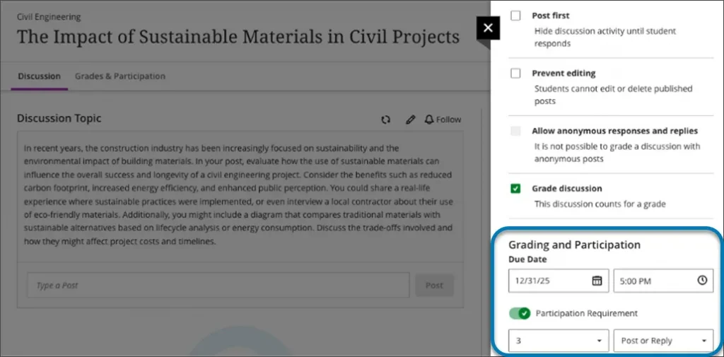 Screenshot of Blackboard Ultra Discussions with the setting panel open. The section "Grading and Participation" now includes a toggle for Participation Requirement. This is toggled green and drop down boxes further detail 3 posts or replies required.