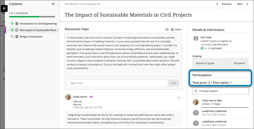 Screeshot of a marked discussion with participation requirements. Under due date it states "Submit 2 posts or replies" and the student has 3/3 submitted requirements, comprised of 2 posts and 1 reply.