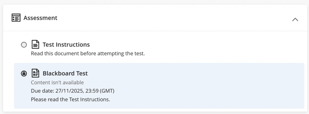 As above, but each item has a description. Test Instructions states "Read this document before attempting the test" and Blackboard test states "Please read the Test Instructions".