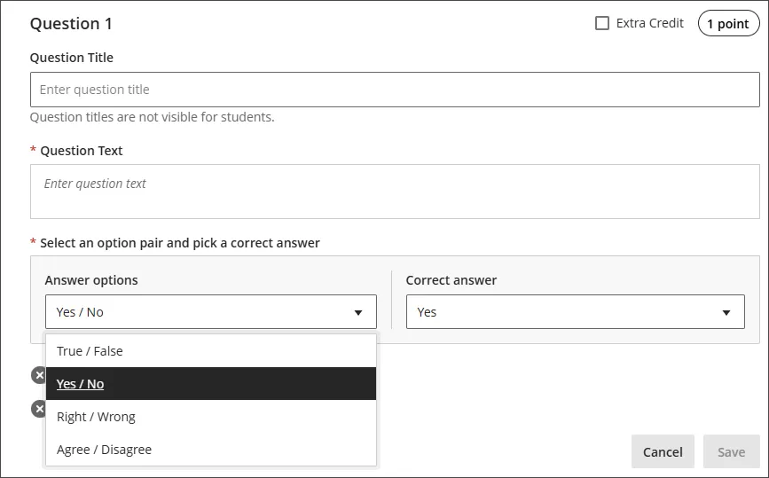 A screenshot of Blackboard Ultra test creation page. The answer options for True/False questions now includes a drop-down menu to change to Yes/No, Right/Wrong, Agree/Disagree