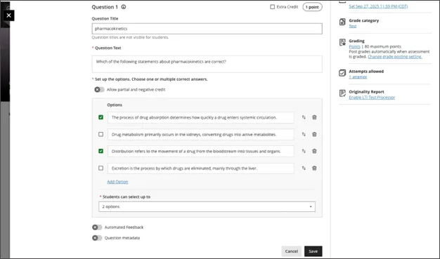 Screenshot of instructor view creating a Blackboard test with a a multiple choice question. The instructor has selected two right answers out of 4 possible answers.
