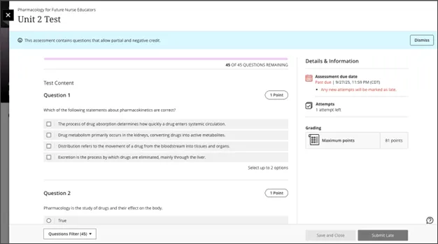 Student view of the same test. The student is presented with the 4 options and can select these with check boxes. Towards the bottom of the question it is stated "Select up to 2 options".