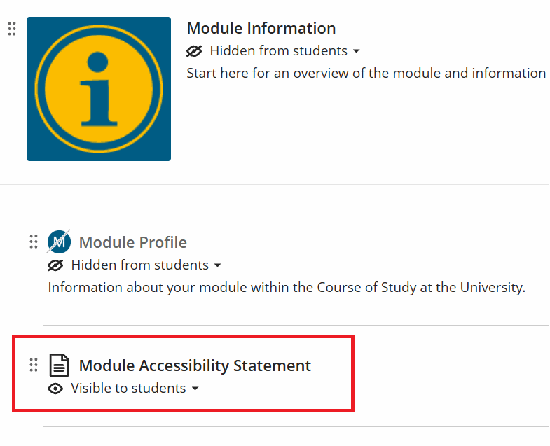 The Module Information folder in a Blackboard Ultra module, showing the Module Accessibility Statement link.