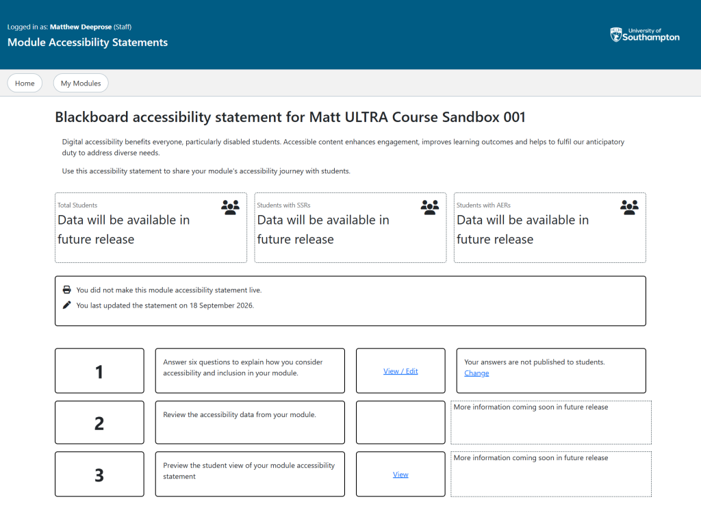 The landing page for a module accessibility statement, showing summary boxes, publication dates and three step rows.