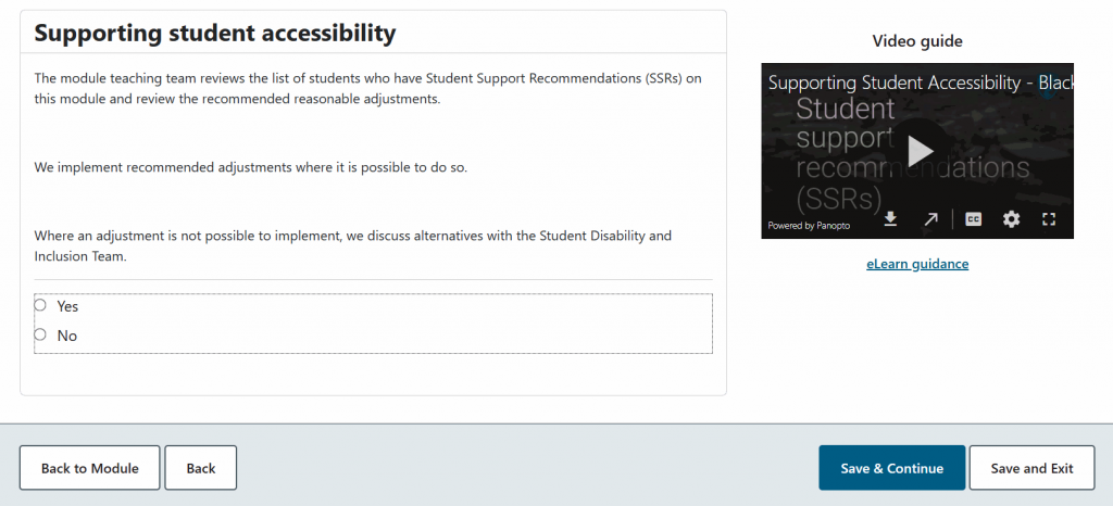 The Supporting student accessibility question, with Yes and No options, a video guide and save buttons.