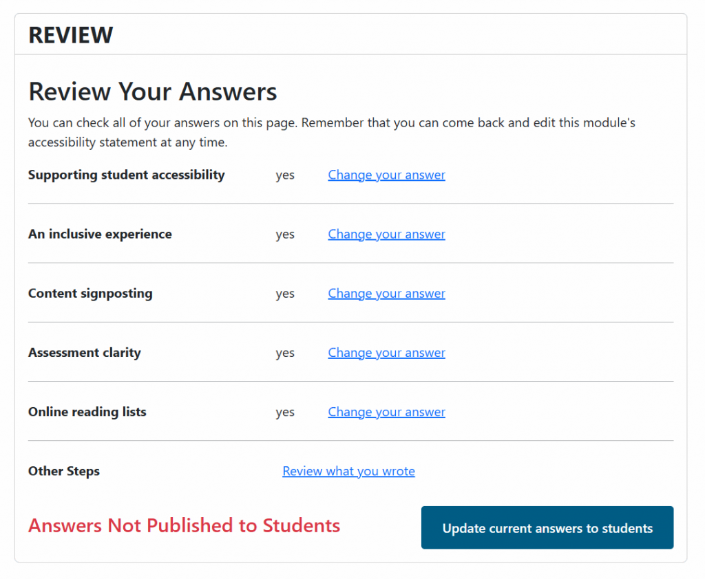 Review page listing each accessibility statement question with its selected answer and "Change your answer" links; select Update current answers to students to publish the answers to students.
