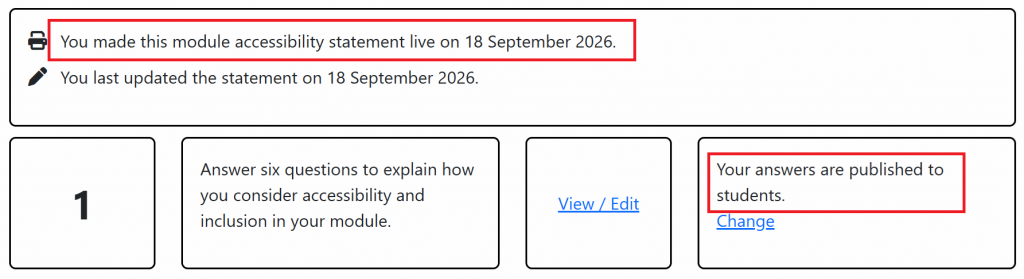 The landing page status box and first row, confirming that the answers are published to students.