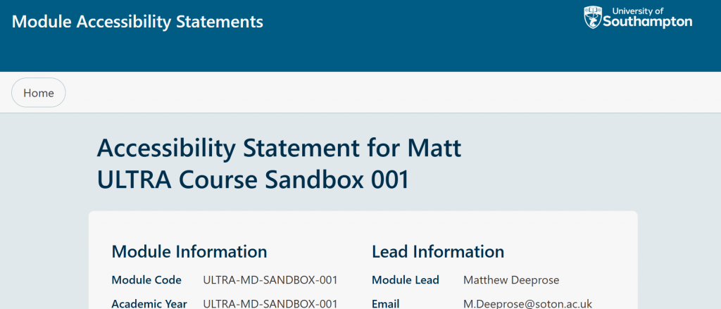 The student view of the module accessibility statement, showing published answers under student-friendly headings.