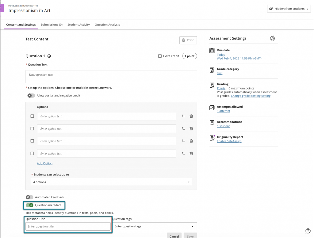 Screenshot of an instructor creating a test. The Question metadata toggle has been toggled to green and further fields for Question Title and Question tags appear below the question itself.
