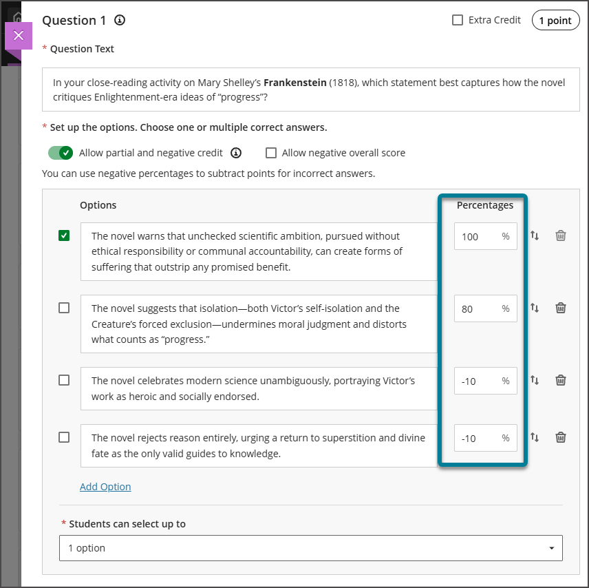 Screenshot of creating a blackboard multiple choice test. The percentages fields are highlighted by a blue box. There are 4 options. The top option is "correct" and is set to 100%. The second option is set to 80%. The last two options are set to -10%.