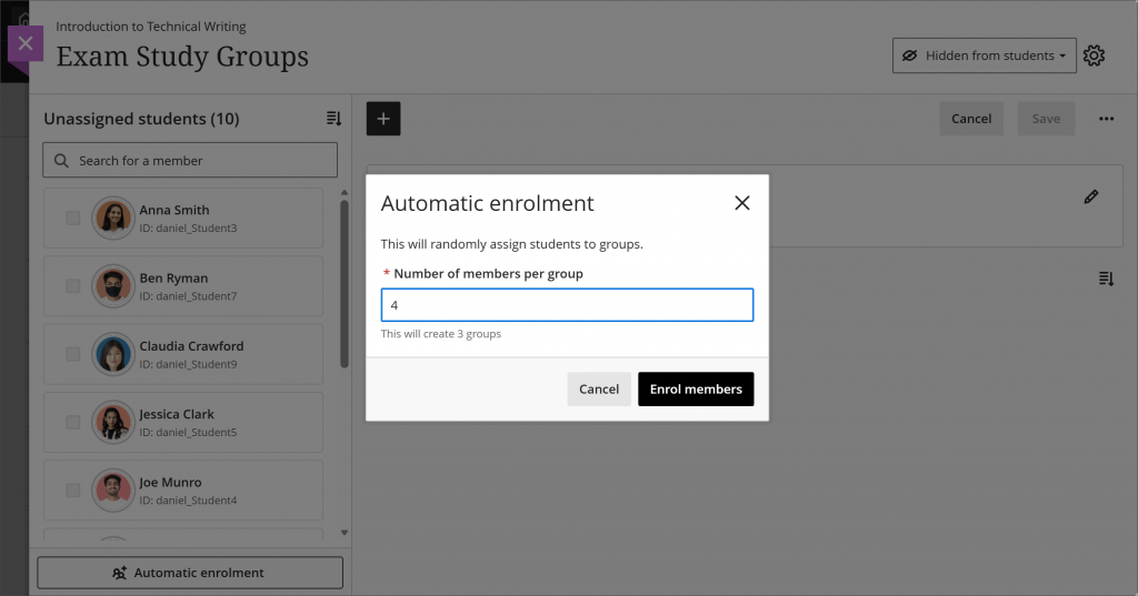 A new group set is being created called Exam Study Groups. The option for automatic enrollment has been selected, which opens a dialog box called Automatic enrollment. With instructions saying This will randomly assign students to groups, the required number field is labeled Number of members per group. The number 4 has been entered in the number field. Below the number field is text saying This will create 3 group. At the bottom corner of the dialog box, the buttons Enroll members or Cancel appear.