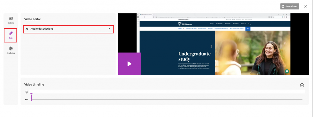 The video editing interface for Blackboard videos. The Edit button on the left-hand side is highlighted. On the edit page, there is an option for Audio descriptions.