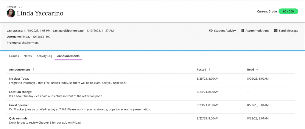 The Announcements tab, showing a list of announcements. There are columns for Announcement, Posted, and Read.