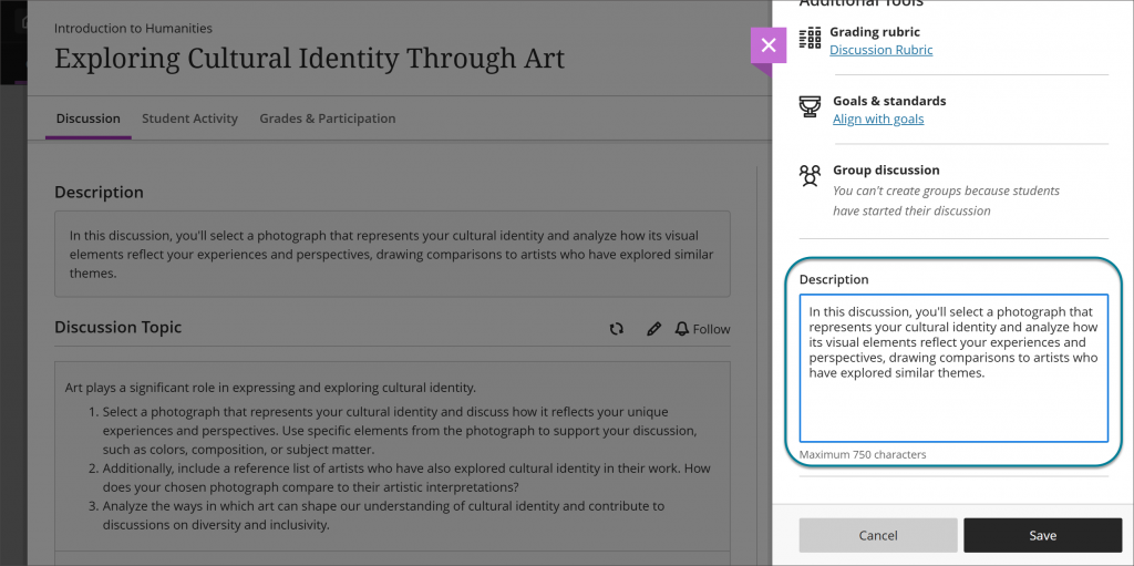 The Discussion page, with the Discussions Settings panel open on the right. The Description field in the Discussion Settings panel is highlighted with a box.