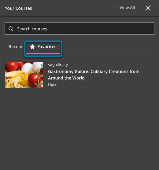 Course Switcher showing the Favorites tab containing a white star next to the Favorites label. One course is listed: Gastronomy Galore: Culinary Creations from around the World.