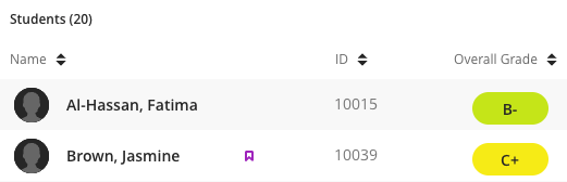 Screenshot of two student rows in the gradebook. The second listed student, Brown, Jasmine, has a small purple flag to the right of their name. This indicates that Jasmine has an accommodation.
