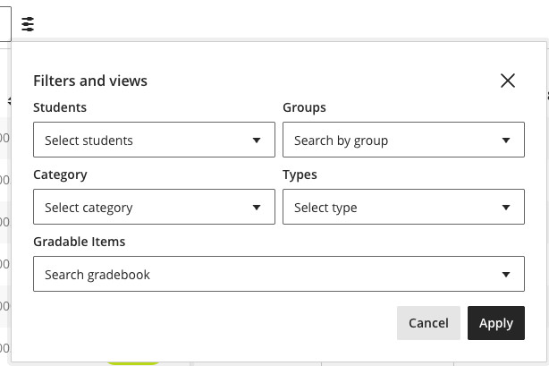 A drop down menu for gradebook filters called "Filters and views". Shows filter options for students, groups, category, types and gradeable items. Action buttons for cancel and apply.