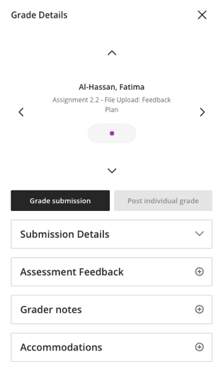 Grade details panel for a student with a submission to be marked. There is a purple dot in the mark pill.