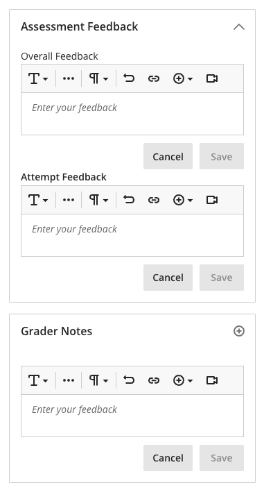 Expanded sections for assessment feedback in the mark details panel shows three editable sections for "Overall Feedback", "Attempt Feedback" and "Grader notes".