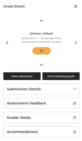 Grade details panel for a student with a marked submission. The number 11 appears in the mark pill and the "Post individual grade" button appears selectable.