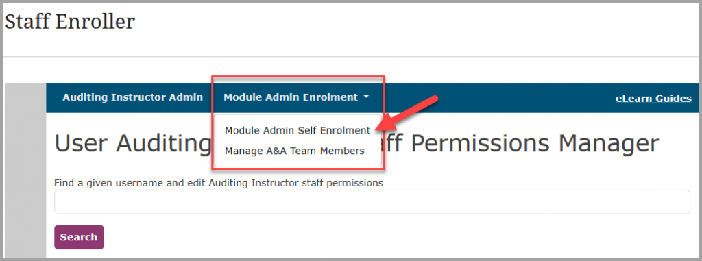 Screenshot of Staff Enroller showing the dropdown to access Module Admin Self Enrolment.