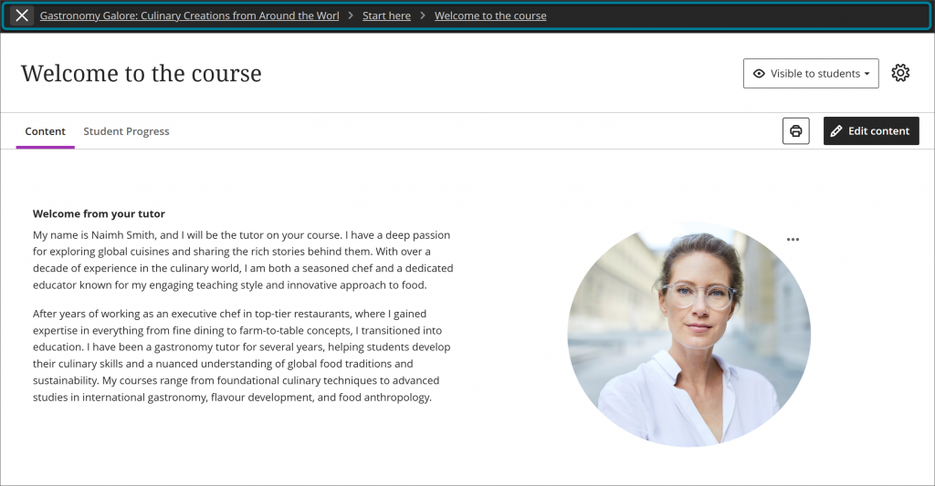 A content item displayed on its own full page with a consistent header and a clear path back to the learning module.