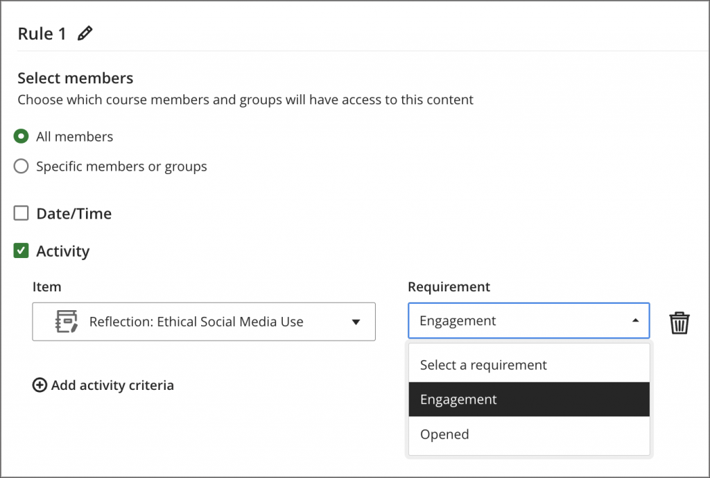Rule 1 for a release condition. In Select members, the instructor has All members selected (instead of specific members or groups). The instructor select Activity as the trigger with the item being a journal and the requirement being engagement.
