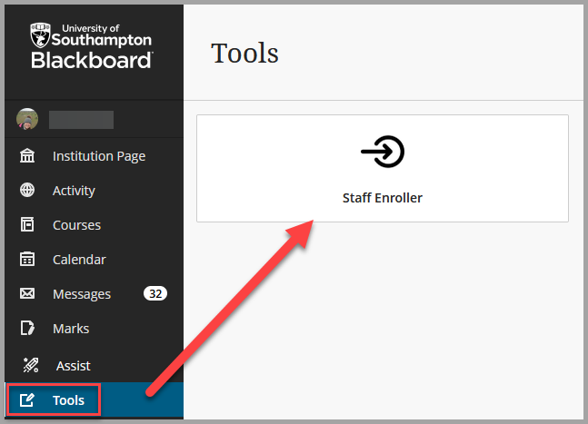 Screenshot of Blackboard showing how to access Staff Enroller from Tools menu.