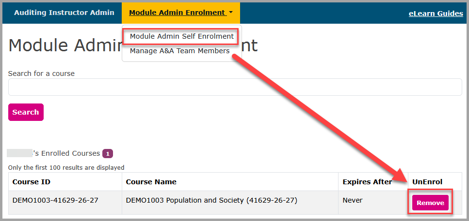 Screenshot of Staff Enroller showing list of enrolled courses with arrow indicating the Remove button.
